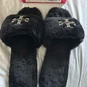 TORY BURCH | Everly Jeweled Rhinestone Black Shearling Fur Slide Sandal Size 9.5